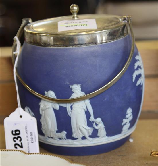Wedgwood plated mounted blue jasper biscuit barrel and cover